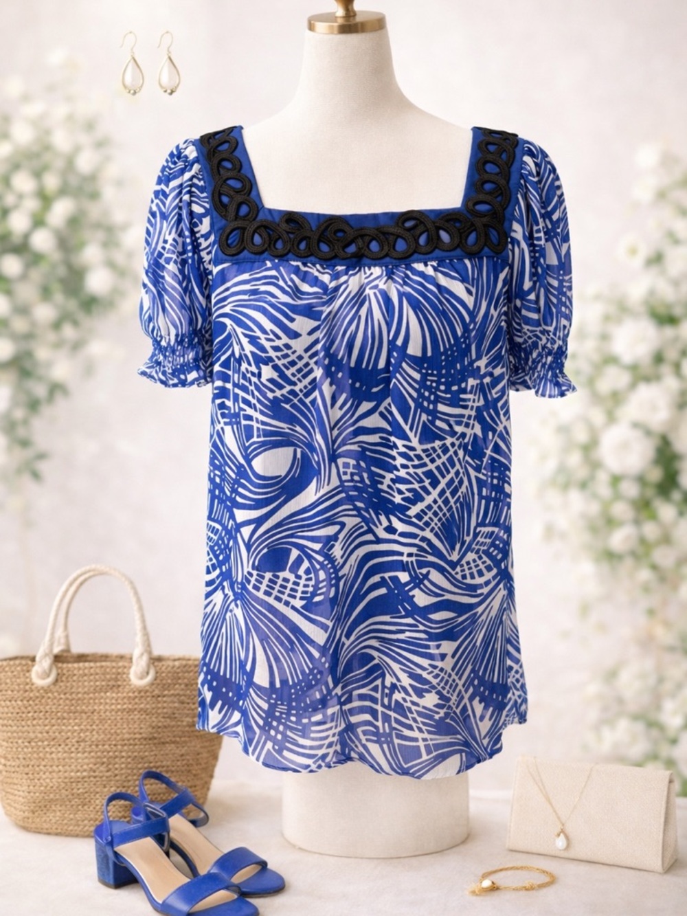 Nicole Miller Blue and White Printed Square-Neck Blouse with Black Trim